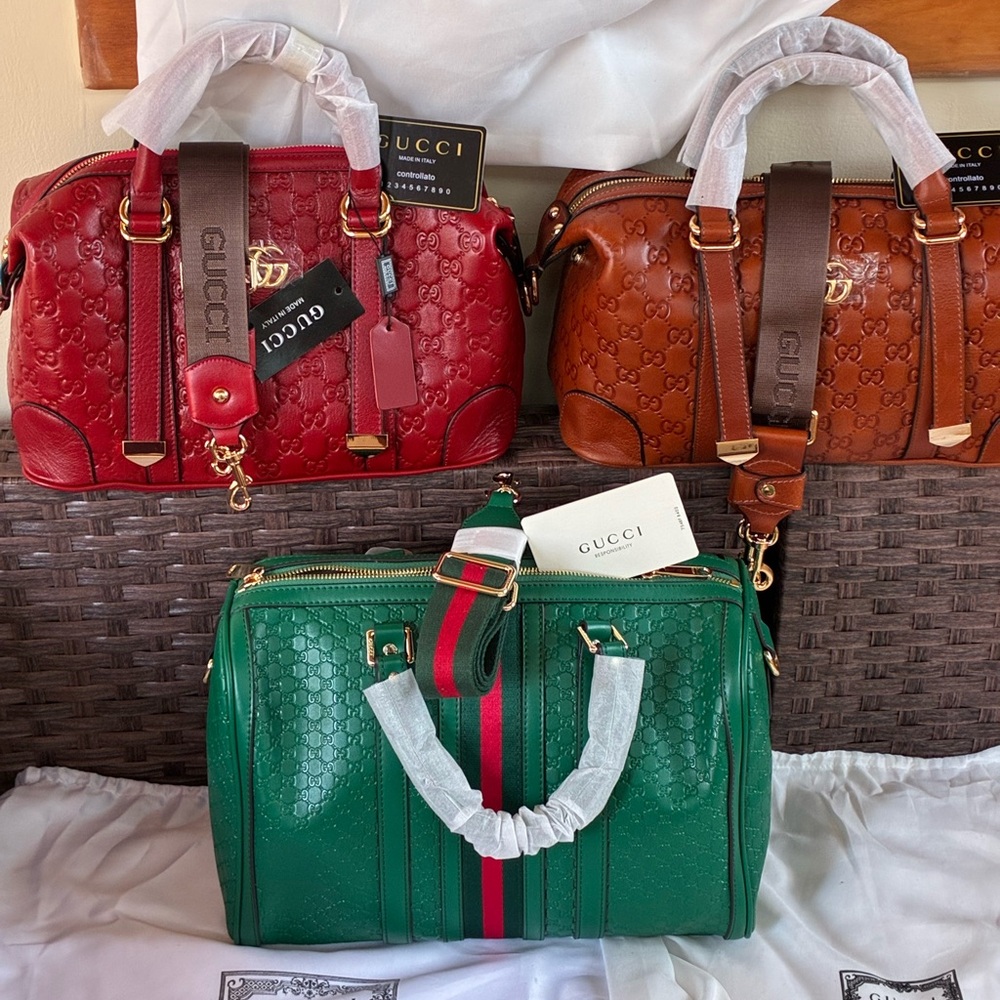 Gucci Red and Brown Satchel Bags with Embossed Texture